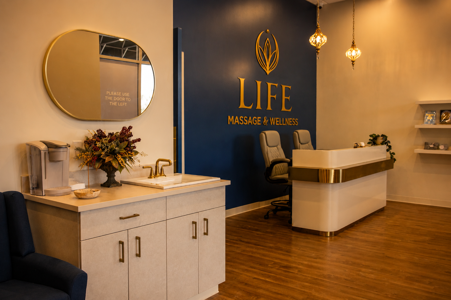 Fresh flowers at the reception desk — welcoming detail at Life Massage & Wellness Portsmouth NH