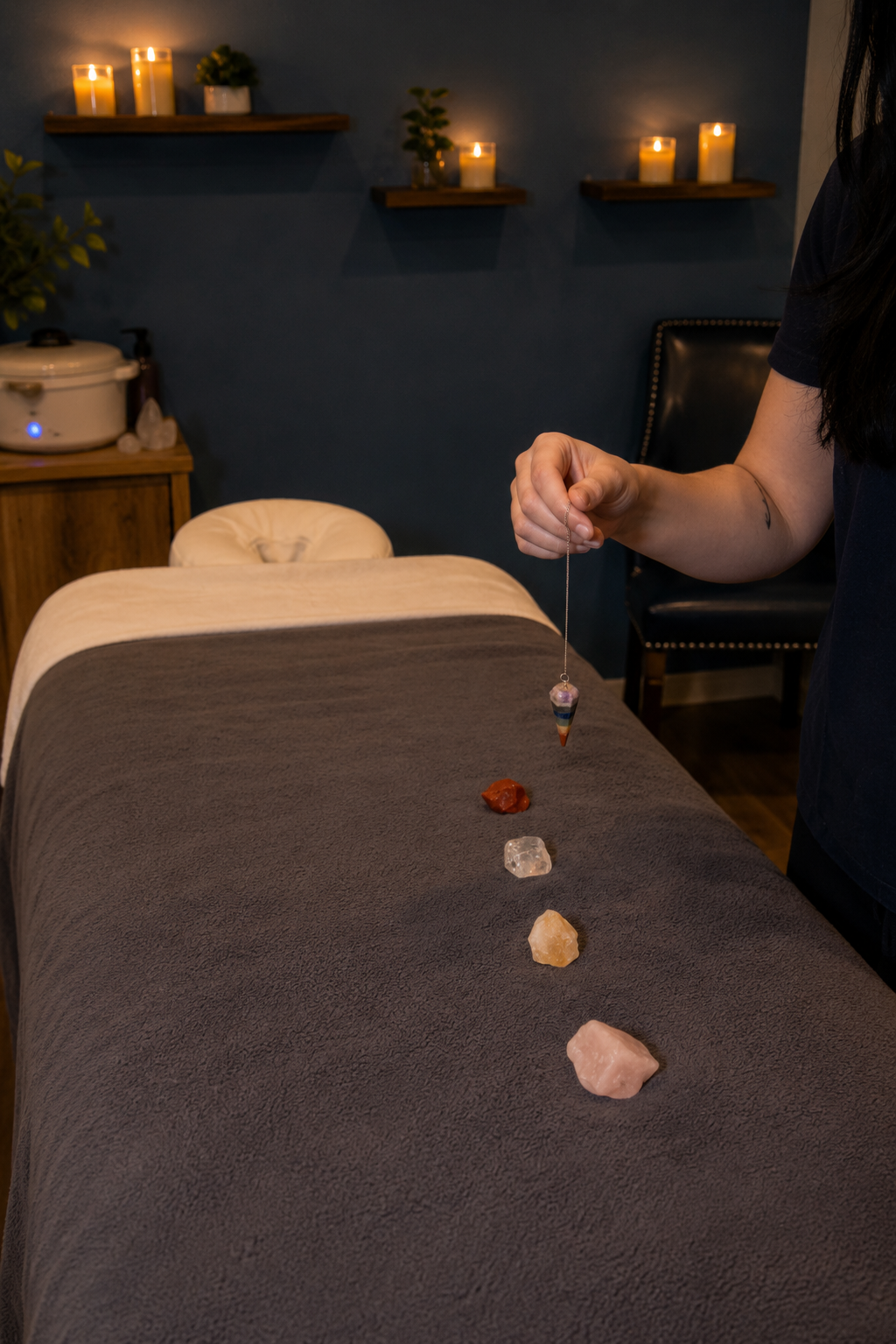 Healing crystals and warm candlelight on a wellness table at Life Massage & Wellness Portsmouth NH