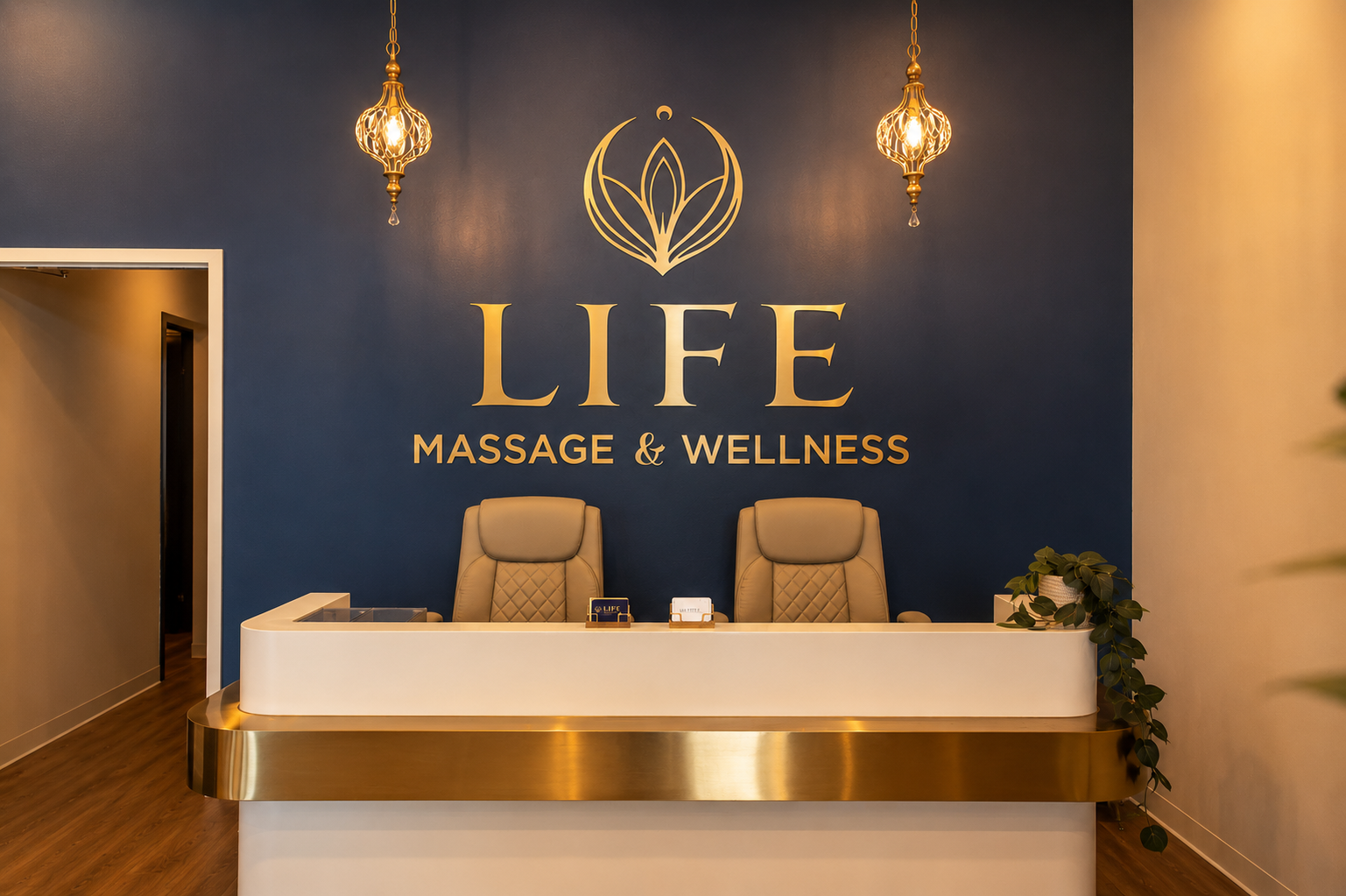 Serene reception with candle and crystals welcoming wellness guests at Life Massage & Wellness Portsmouth NH