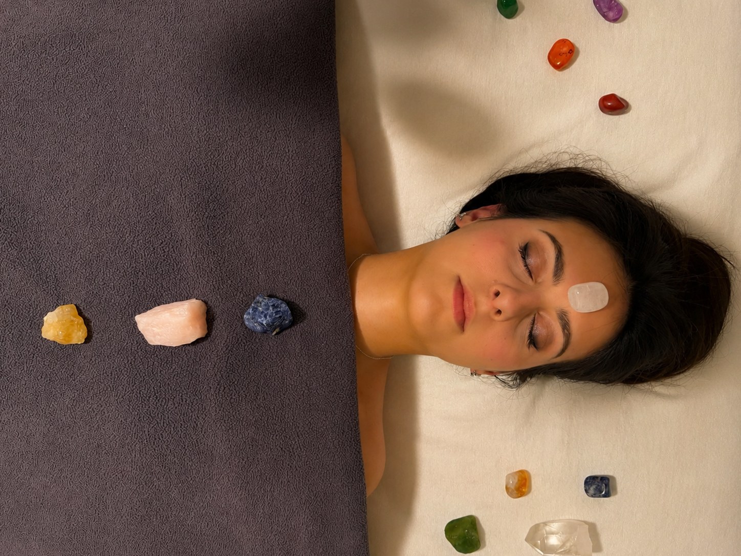 Close view of crystal placement along the body's centers