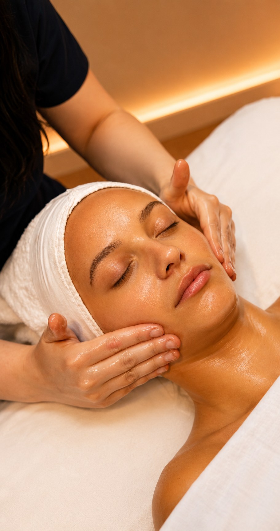 Therapist lifting and defining along the jawline during a sculpting treatment