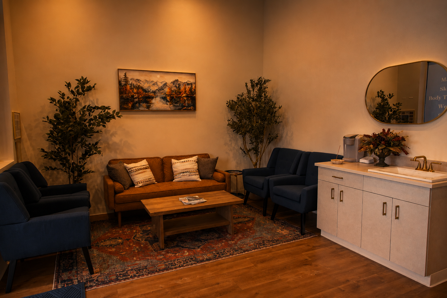 Unhurried welcome area at Life Massage & Wellness Amesbury MA — 100 Macy Street studio