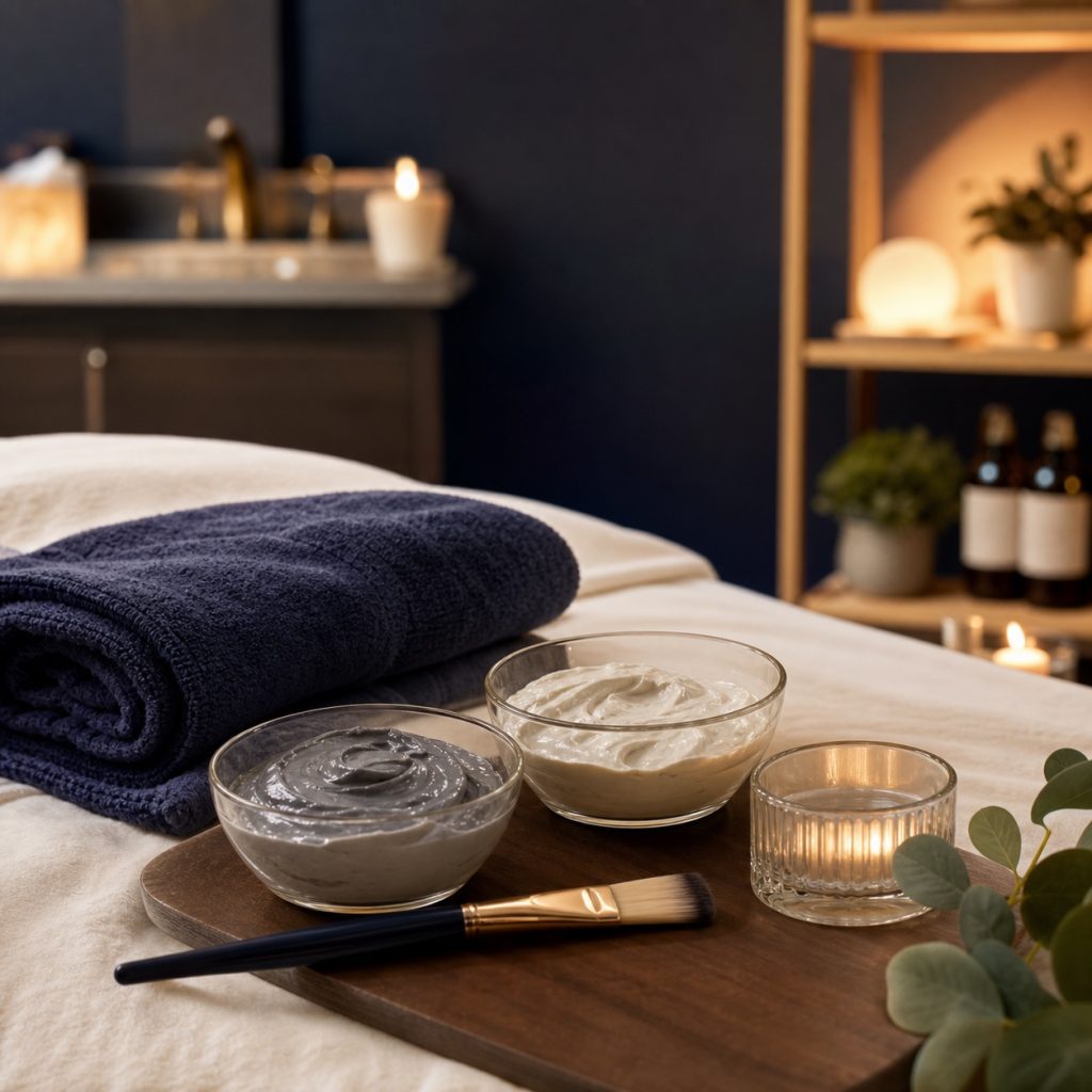 Facial textures, candles, and skincare details arranged for a quiet glow.