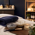 Facial textures, candles, and skincare details arranged for a quiet glow.