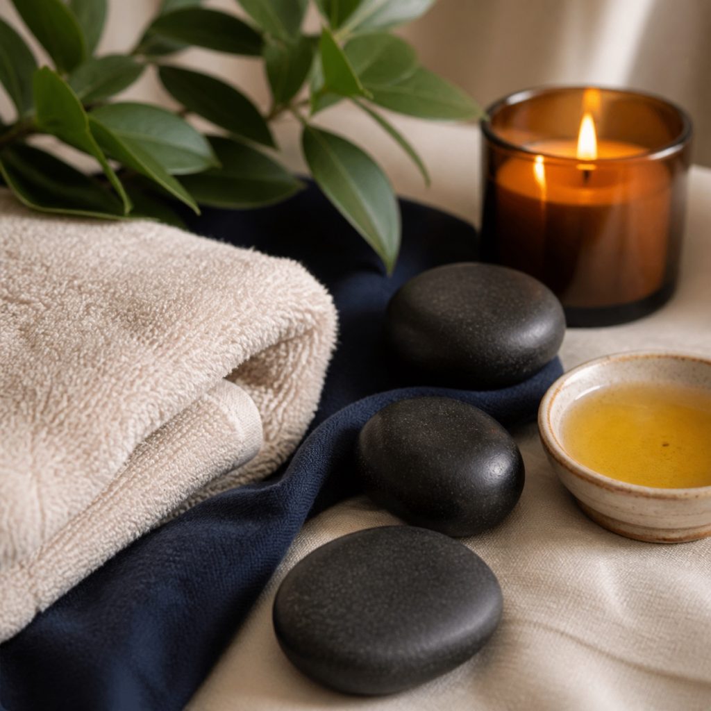 Warm stones, natural greenery, and tactile details from the massage room.