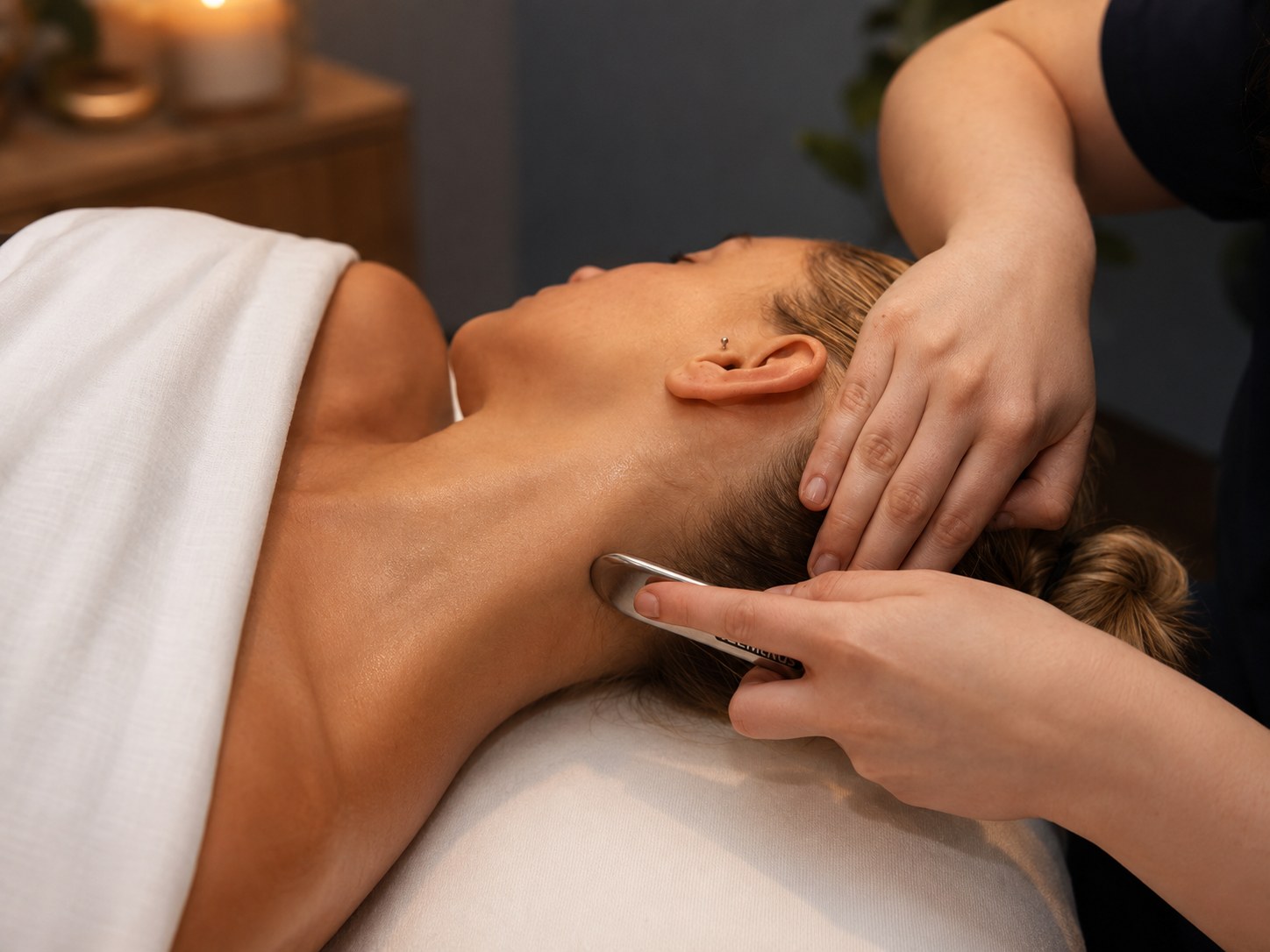 Tool work along the neck and jaw during treatment
