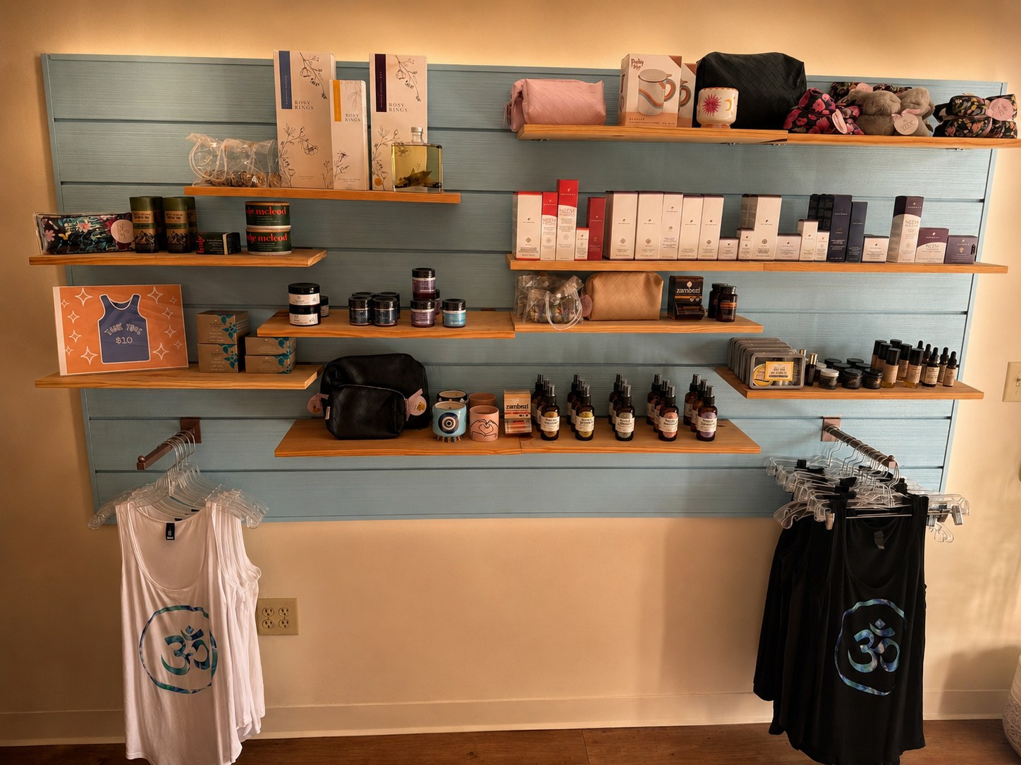 Skincare product wall at the Portsmouth studio