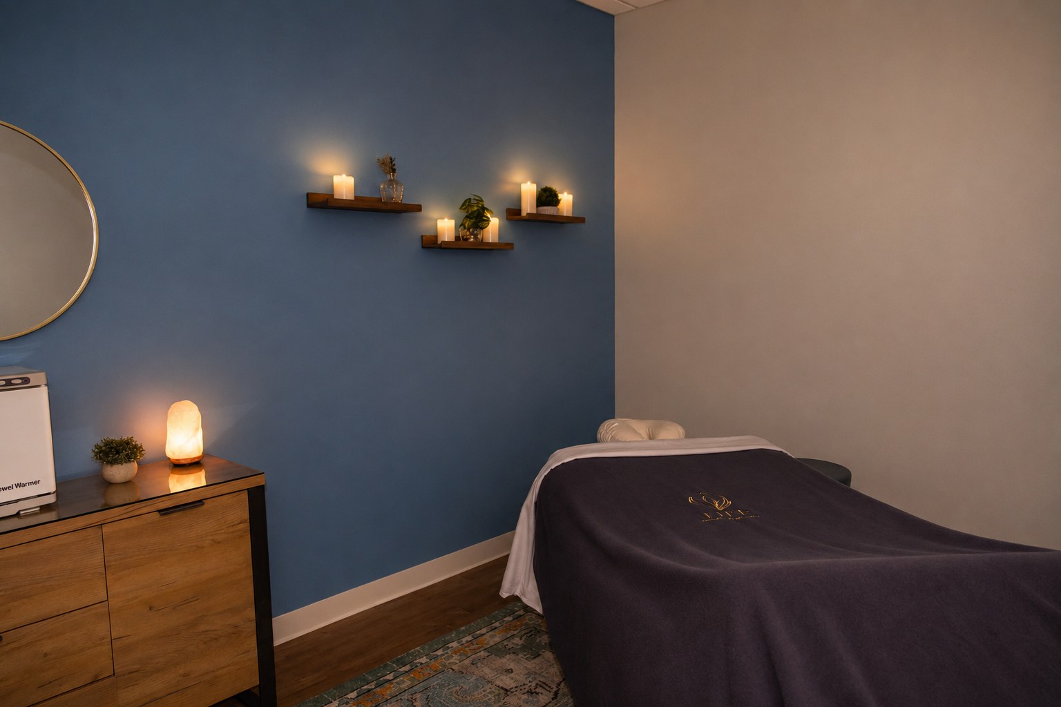 Serene treatment room with a glowing salt lamp at the Portsmouth studio
