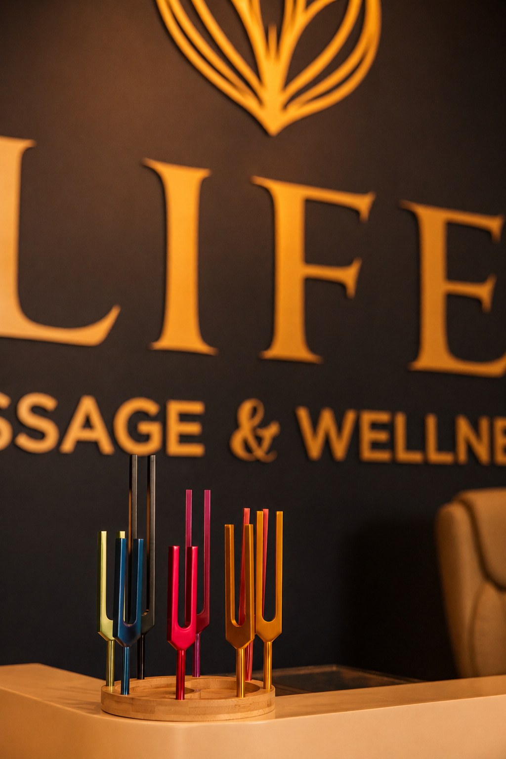 Tuning forks displayed on the studio logo wall