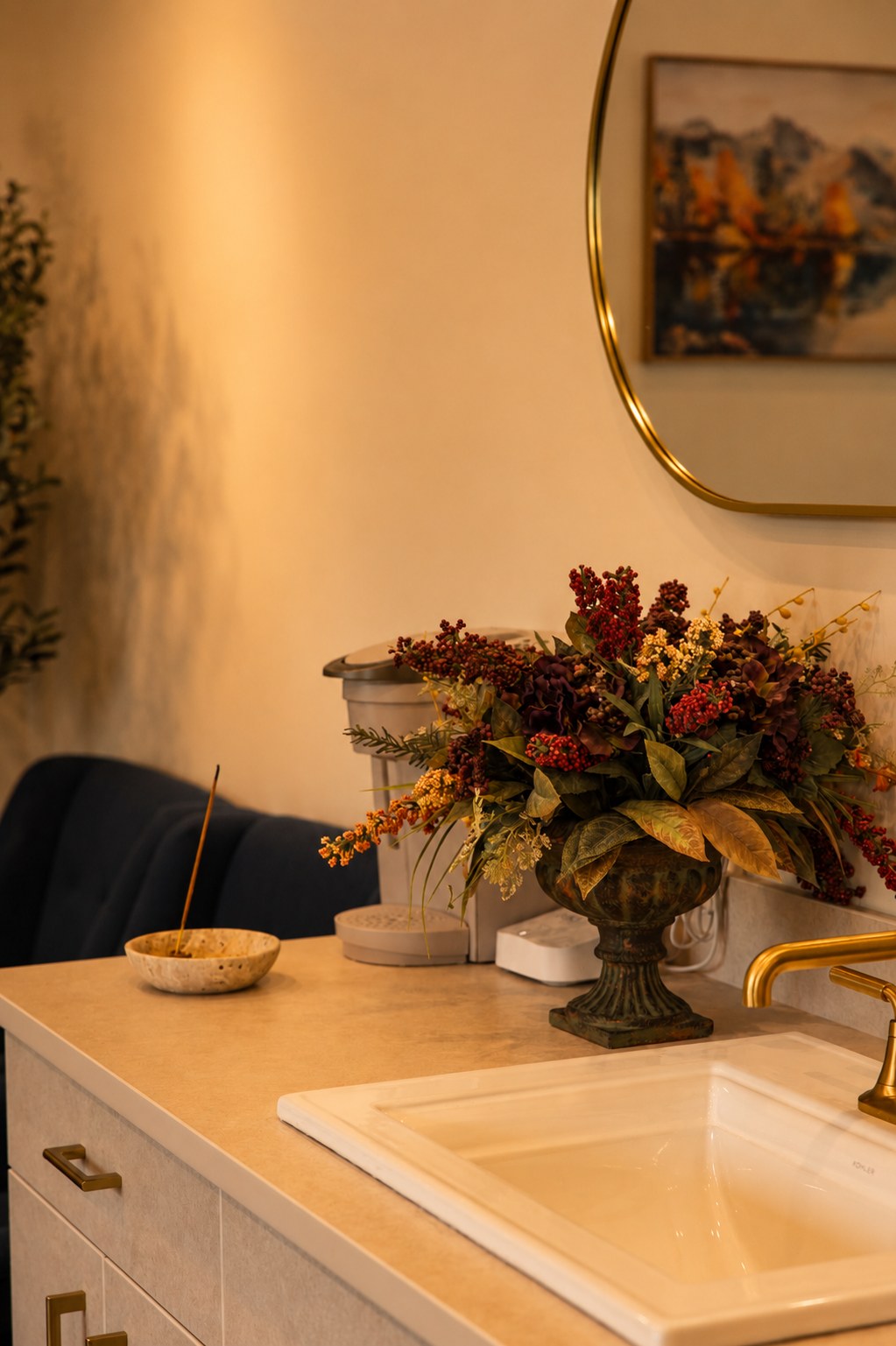 Incense and florals at the studio vanity