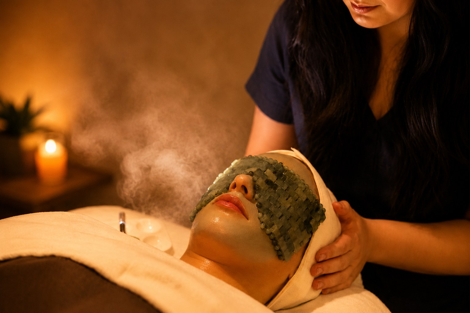Relaxing moment with a cooling eye mask during treatment