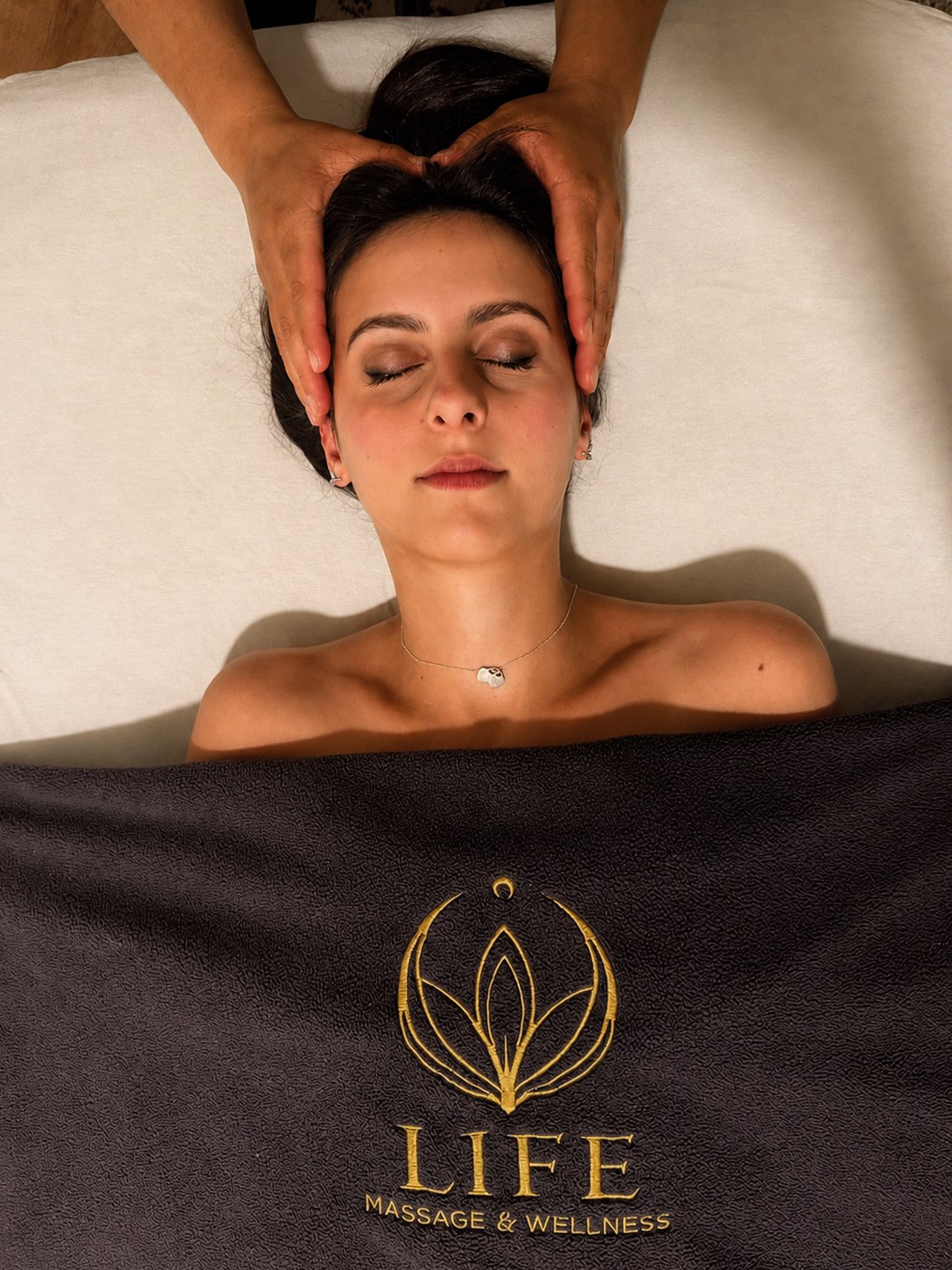 Overhead view of scalp work during a classic massage session